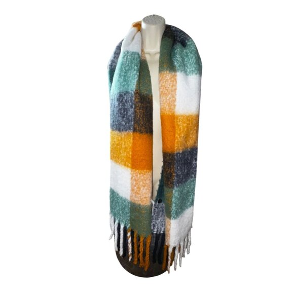 Chunky Plaid Scarf With Fringes In Orange Green & White Preppy Classic Bohemian - Picture 1 of 6
